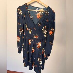 Xhilaration Dark Blue Floral Long Sleeve Dress